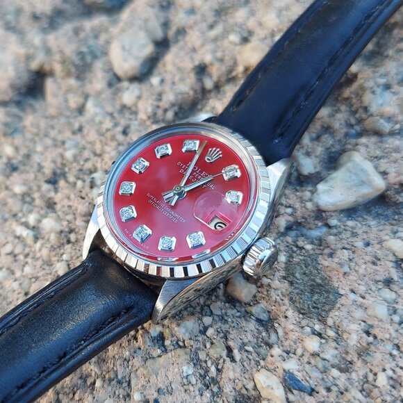 ?sale? Rolex Ladies 26mm Datejust Red diamond on black leather
